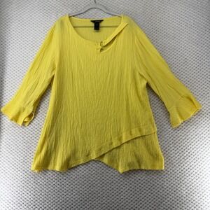 Ali Miles Yellow Tunic Top Button Detail 3/4 Sleeve Textured Crepe‎ Artsy XL